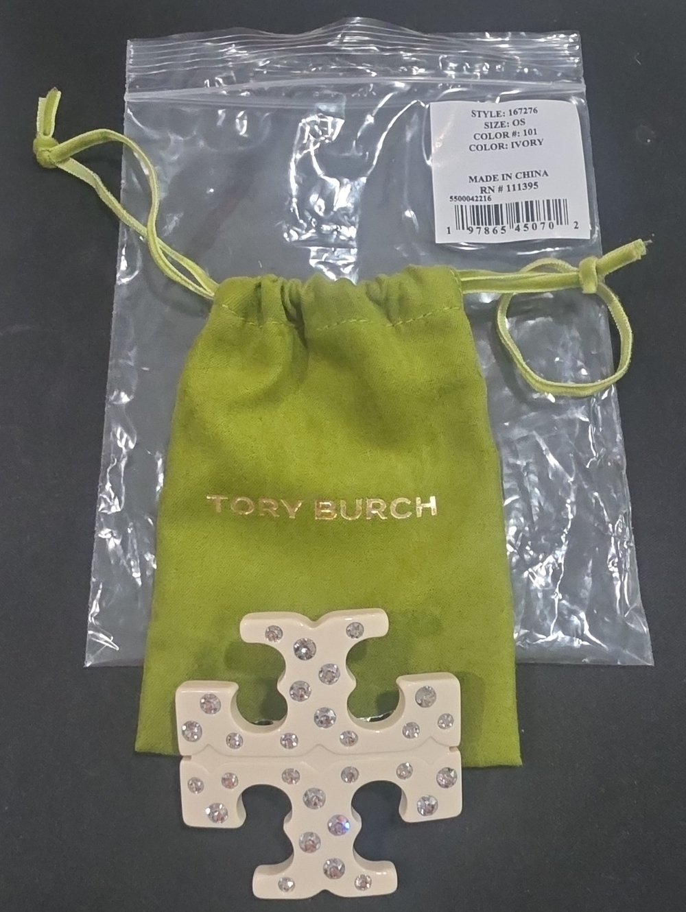 NWT Tory Burch Ivory Enamel & Crystal Double T Hair Clip + Pouch
